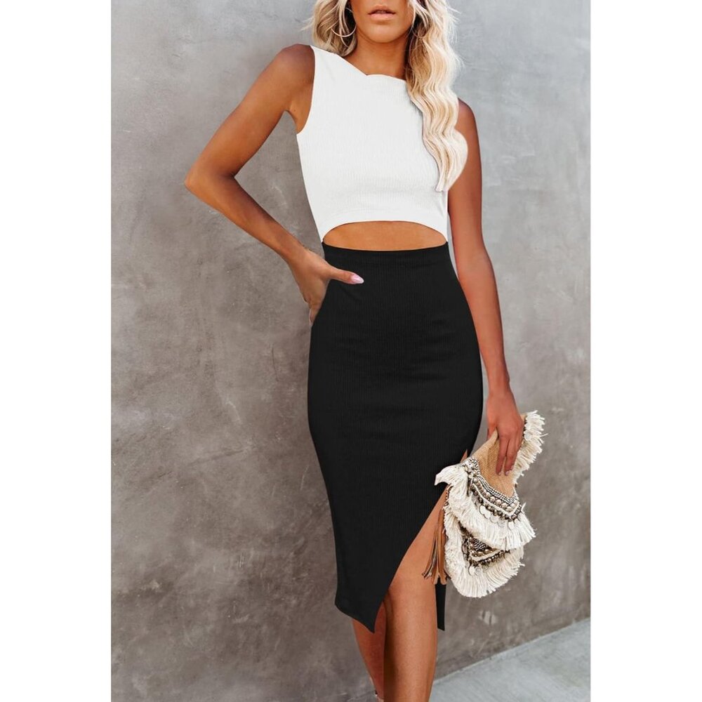 Women's Crew Neck Sleeveless Cutout Side Slit Knee Length Bodycon Midi Dress - Picture 3 of 8